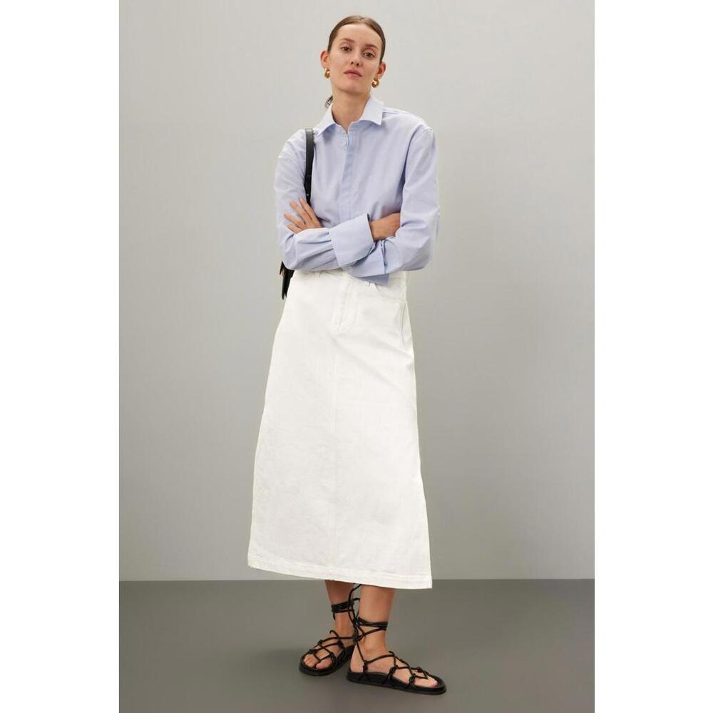 For All Mankind Off-White Cotton Midi Denim Skirt Size 31 with Stain
